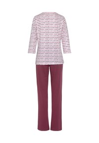 Red and white striped top with three-quarter sleeves paired with solid burgundy pants. Soft fabric and relaxed fit for comfort.