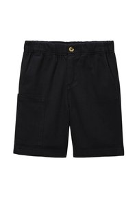 Shorts noirs en coton avec une taille élastique, fermeture à bouton, poches latérales et une grande poche cargo sur la jambe gauche.