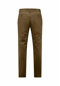 Pantaloni di cotone marroni con design a gamba dritta, dotati di due tasche posteriori con chiusura a bottoni e passanti per cintura in vita.