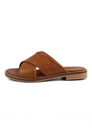 Brown leather slip-on sandal with crossed straps and low wooden heel, shown from the side on a white background.