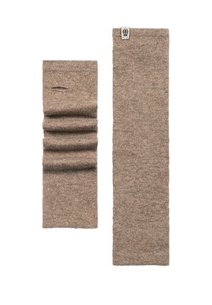 Brown knit gaiters featuring a smooth texture; one has a gathered design. The other is flat, both made from soft material with subtle branding.