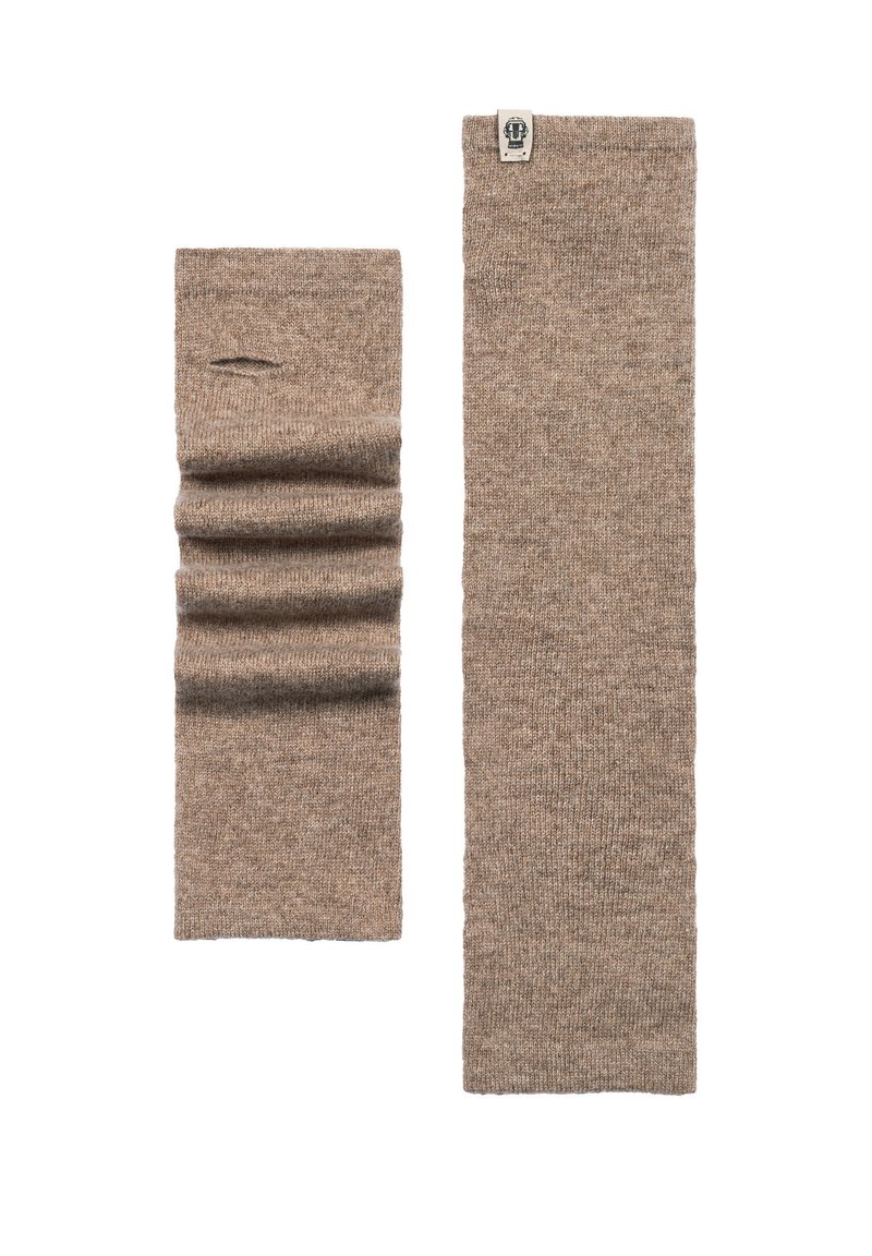 Brown knit gaiters featuring a smooth texture; one has a gathered design. The other is flat, both made from soft material with subtle branding.