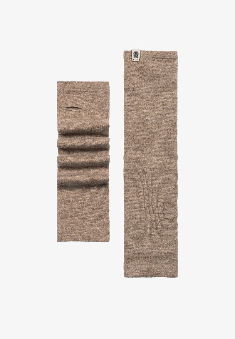 Brown knit gaiters featuring a smooth texture; one has a gathered design. The other is flat, both made from soft material with subtle branding.