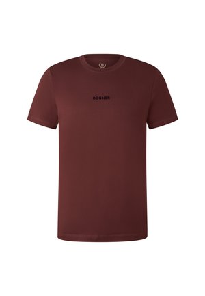 Burgundské bavlněné tričko s krátkým rukávem, kulatým výstřihem a černým logem "BOGNER" vytištěným ve středu hrudi. Hladký a jemný povrch.