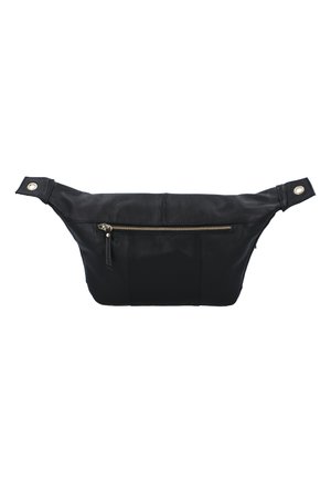 Sort læderbæltetaske med en struktureret overflade, der har en for-zipper lomme og trykknapslukkede stropender. Kompakt og funktionelt design.