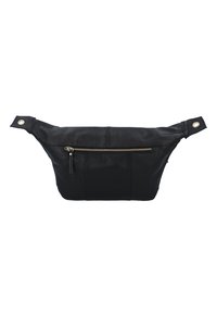 Juodas odinis fanny pack'as su tekstūruotu paviršiumi, turi priekinį kišeninį užtrauktuką ir spaudinių užsegimus dirželiuose. Kompaktiškas ir funkcionalus dizainas.