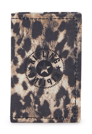 Leopard print wallet in canvas material, featuring a black circular logo with text and star design, with colors in beige, black, and brown tones.