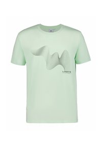 T-shirt en coton vert clair à manches courtes, avec un graphique de ligne noire ondulée et le texte "LUHTA" à l'avant. Dos uni.