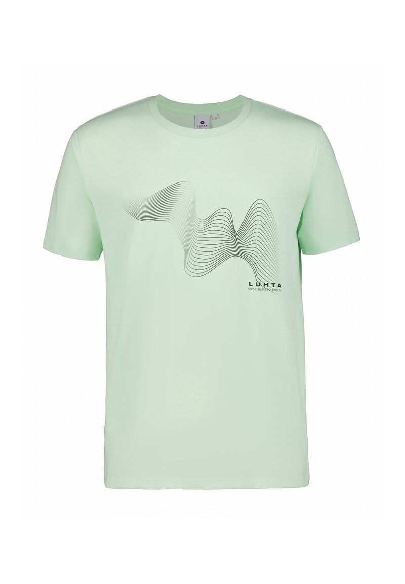 T-shirt en coton vert clair à manches courtes, avec un graphique de ligne noire ondulée et le texte "LUHTA" à l'avant. Dos uni.