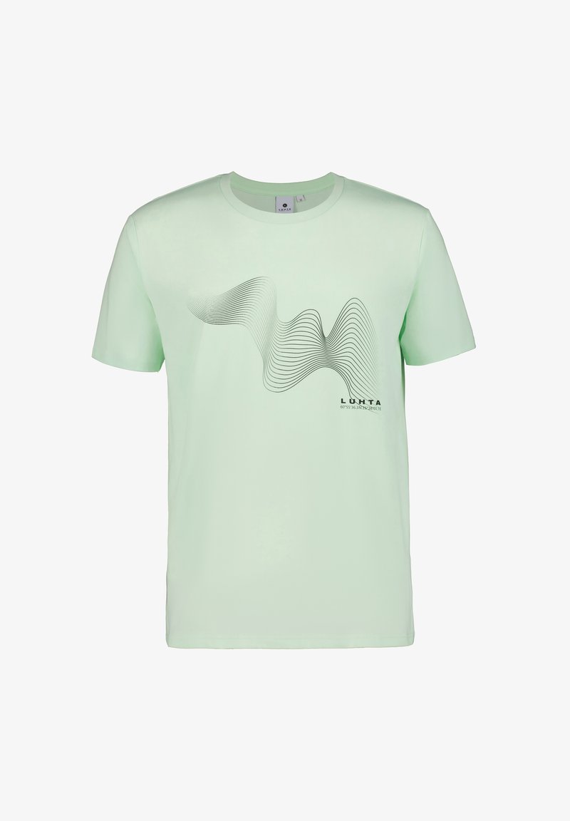 Lys grøn bomulds T-shirt med korte ærmer, med et bølget sort linjemotiv og "LUHTA" tekst på forsiden. Ensfarvet bagside.