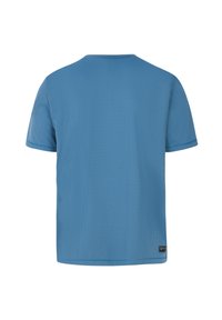 Blaues Kurzarm-T-Shirt mit gerippter Textur, rundem Ausschnitt und kontrastierenden Nähten. Verfügt über ein kleines Etikett am Saum.