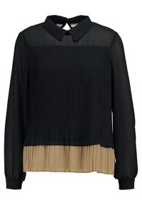 Blouse noire à manches longues avec devant plissé et ourlet plissé beige, avec col pointu et poignets boutonnés.