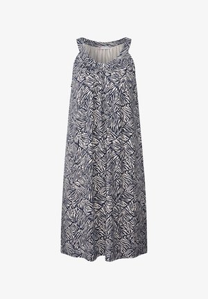 Mouwloze, knielange jurk in een marineblauwe en crèmekleurige zebraprint. Zachte stof met een ontspannen pasvorm en geplooide halslijn.