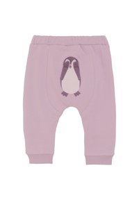 Lila katoenen babybroekjes met een elastische tailleband, met een pinguïn borduursel aan de voorkant en gestructureerde boorden bij de enkels.