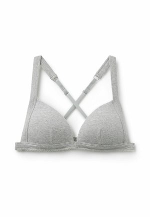 Hellgrauer BH aus geripptem Stoff mit gepolsterten Cups und verstellbaren, hinten gekreuzten Trägern, mit einem dezenten, gewellten Abschluss am unteren Rand.