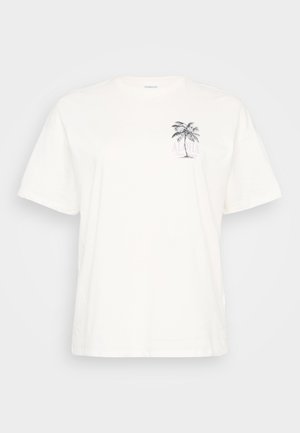 Hvit bomulls T-skjorte med korte ermer, med et palmetreet grafikk og teksten "ALOHA" i lilla, plassert på venstre bryst.