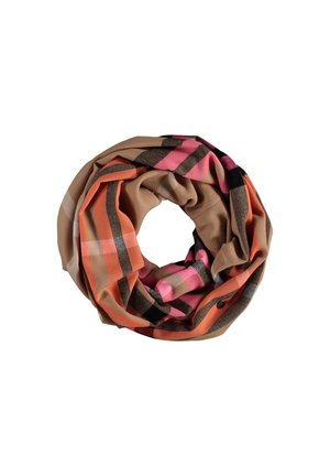Infinity-Schal aus weichem Stoff, mit einem karierten Muster aus orange, pink, braun und schwarzen Streifen. Strukturierter Stoff, der sanft fällt.
