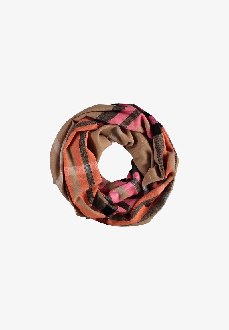 Scaldacollo realizzato in morbido tessuto, con un motivo a quadri caratterizzato da strisce arancioni, rosa, marroni e nere. Ha una texture piacevole e si drappeggia dolcemente.