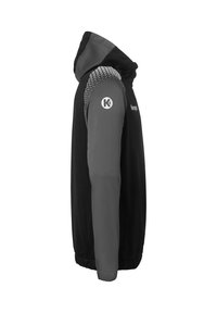 Zwarte en grijze rits hoodie met een strak ontwerp, een soepele textuur en een capuchon. Bevat een stippenpatroon op de schouder en een logo.