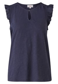 Top senza maniche blu navy con scollatura a chiave e arricciature sulle spalle. Realizzato in un tessuto testurizzato, con una vestibilità comoda.