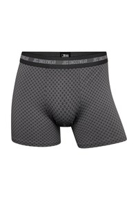 Boxer ajustados grises con un sutil patrón de cuadros, cinturilla elástica con la marca "JBS UNDERWEAR" y una tela suave y elástica.