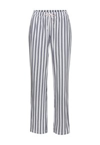White pants with vertical navy stripes. Elastic waistband with drawstring. Loose fit and straight leg style. Lightweight fabric.