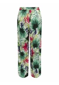 Blommönstrade vida byxor i lätt tyg, med gröna, röda och blå bladmönster på vit bakgrund. Elastisk midja.