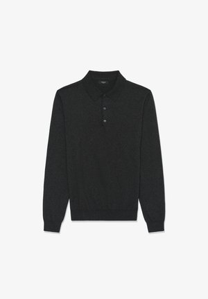 Polo shirt à manches longues gris foncé en tissu texturé, avec un col, trois boutons et des poignets côtelés, doté d'un ourlet ajusté.