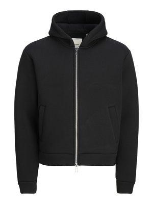 Must must kapuutsiga lukuga dressipluus, millel on esi taskud, pikad varrukad ja vooderdatud sisevooder.