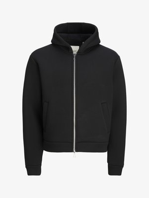 Sweat à capuche noir zippé avec poches avant, manches longues et capuche, doté d'un intérieur doublé en polaire.