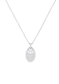 Collana d'argento con un pendente a forma di uovo, con una superficie texture decorata con piccoli cristalli trasparenti e un design floreale nella parte superiore.