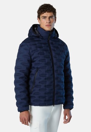 Navy puffer jacket with a hood, featuring a quilted pattern, side zippers, and a smooth texture. Lightweight and insulated design.