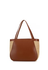 Bruine leren totebag met stroaccenten, voorzien van twee stevige hengsels en een gestructureerd ontwerp. Gladde textuur met een stijlvolle kleurcontrastering.