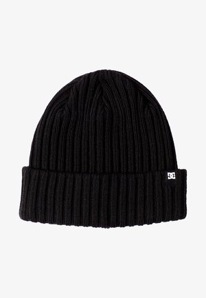 Schwarze gestrickte Mütze mit geripptem Muster, ausgestattet mit einem umgeschlagenen Bund und einem kleinen Markenetikett an der Seite.