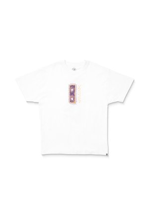 White cotton t-shirt with short sleeves, featuring a central graphic in purple and gold, highlighted by curved border details.