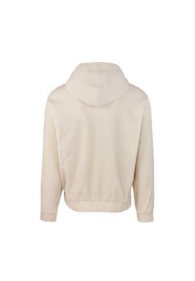 Felpa con cappuccio color crema a costine, maniche lunghe e vestibilità comoda, caratterizzata da strisce verticali e un elastico in vita.