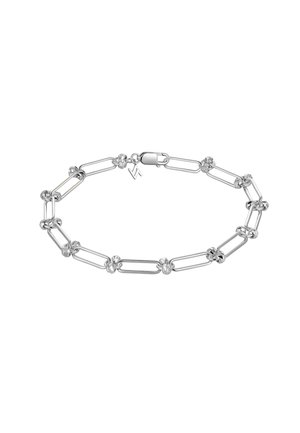 Silbernes Gliederarmband mit großen ovalen Gliedern und kleinen dekorativen Knotenakzenten, mit Karabinerverschluss und kleinem Anhänger.