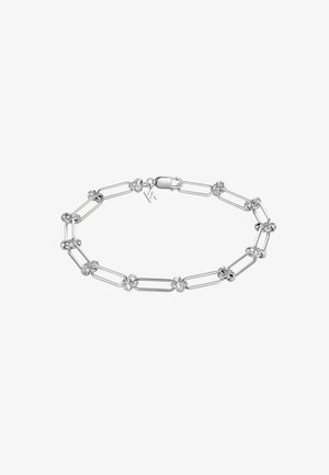 Silbernes Gliederarmband mit großen ovalen Gliedern und kleinen dekorativen Knotenakzenten, mit Karabinerverschluss und kleinem Anhänger.