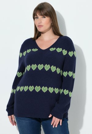 HEART PRINT LONG SLEEVE V-NECK SWEATER - Jersey de punto - ink blue