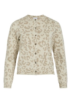 Bež kardigan s uzorkom svijetlosmeđih leopardskih točkica, kopčan sprijeda na gumbe, dugi rukavi i rebrasti rubovi na manžetama i donjem dijelu.