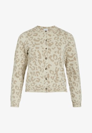 Cardigan beige avec motif léopard marron clair, boutonnage sur le devant, manches longues et poignets et ourlet côtelés.