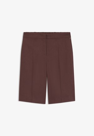 Ruskeat polvenmittaiset räätälöidyt shortsit, joissa on suora etuosa ja joustava vyötärö takana, valkoista taustaa vasten.