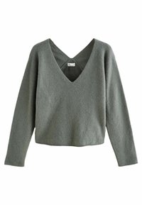 Maglione a V con maniche lunghe in verde tenue, realizzato in tessuto morbido e testurizzato, con vestibilità rilassata e orlo cropped. Design minimalista.