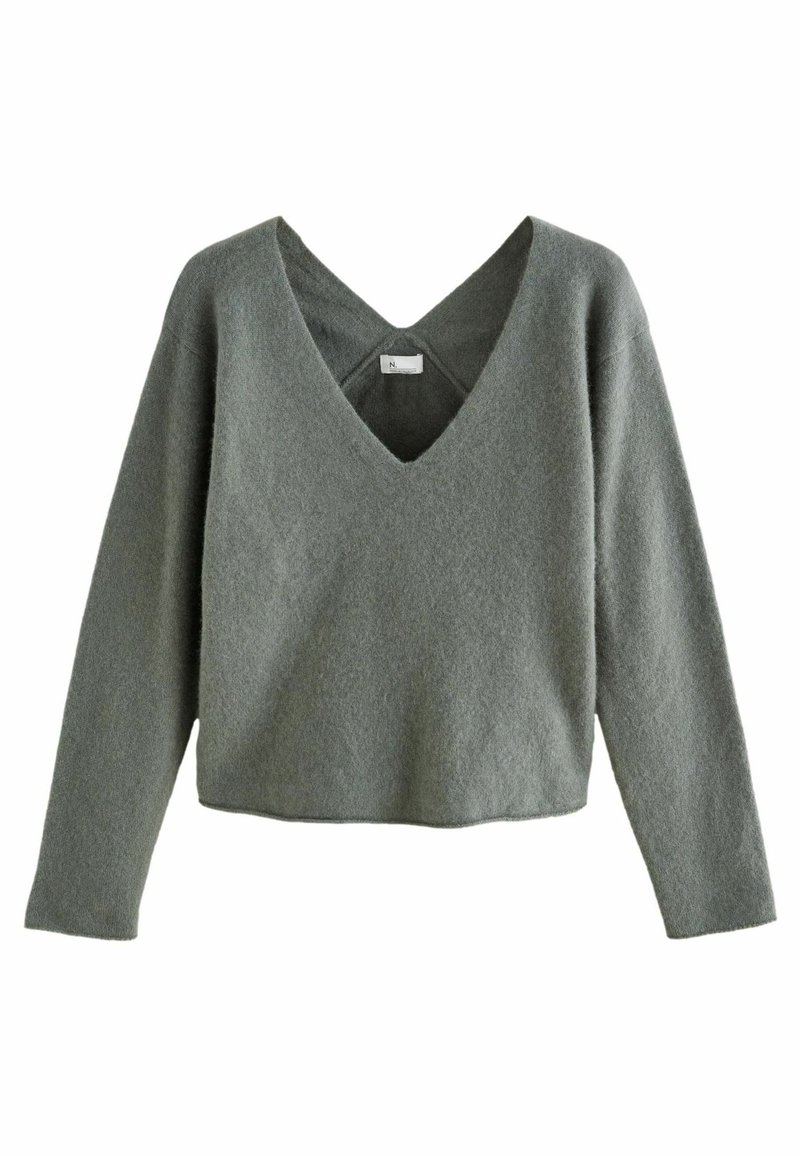 Maglione a V con maniche lunghe in verde tenue, realizzato in tessuto morbido e testurizzato, con vestibilità rilassata e orlo cropped. Design minimalista.