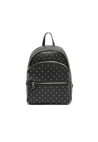 Black leather backpack with silver polka dot pattern, featuring two zippered compartments and adjustable straps. Smooth texture.