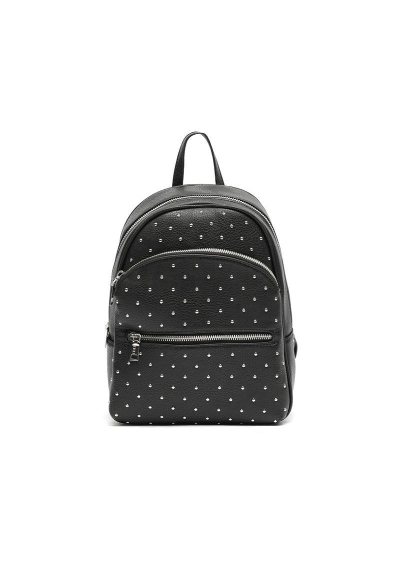 Black leather backpack with silver polka dot pattern, featuring two zippered compartments and adjustable straps. Smooth texture.