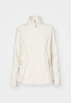 Giacca in pile bianca con colletto alto, zip frontale e tasche laterali. Caratterizzata da cuciture beige a contrasto e un piccolo logo sul petto.