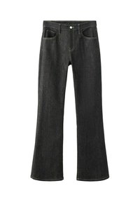 Jean en denim noir avec une taille haute, un bouton devant, des poches et des jambes légèrement évasées, posé à plat sur un fond blanc.