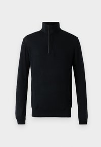 Schwarzer Pullover mit hohem Kragen, ausgestattet mit einem Viertelreißverschluss an der Vorderseite und langen Ärmeln. Hergestellt aus weichem, gestricktem Stoff mit glatter Textur.