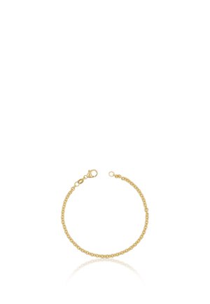 Zierliches Goldkettenarmband mit Karabinerverschluss, offen auf weißem Hintergrund mit subtiler Spiegelung dargestellt.
